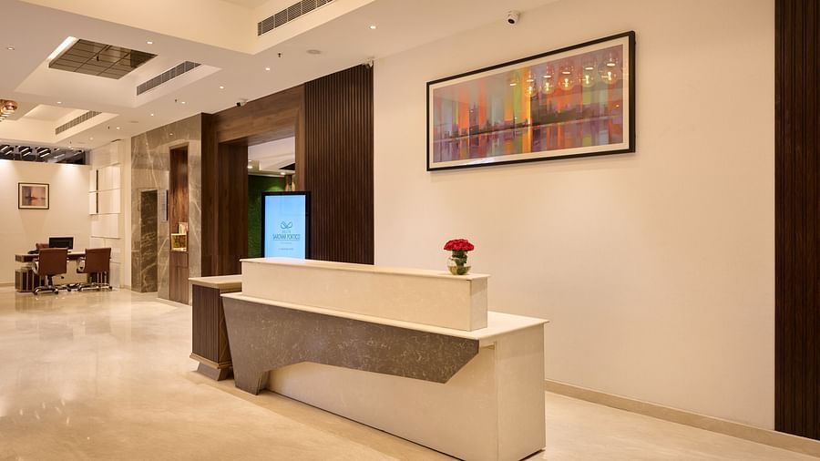 A side angle shot of the hotel reception