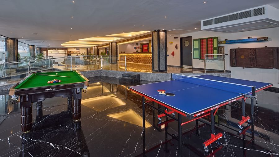 table tennis and pool in the indoor games area of Grand Continent, Mahabalipuram