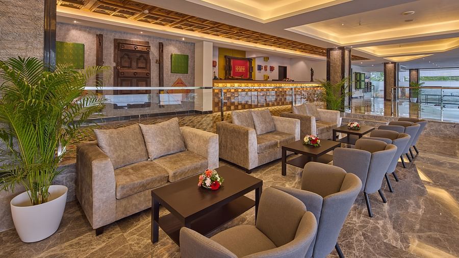 sofas and armchairs in the lobby of Grand Continent, Mahabalipuram 