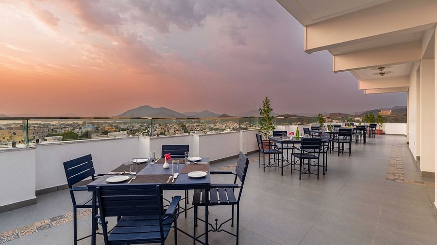Seating arrangements at the Rooftop Sunset Restaurant - Maan Vilas by Stone Wood, Udaipur