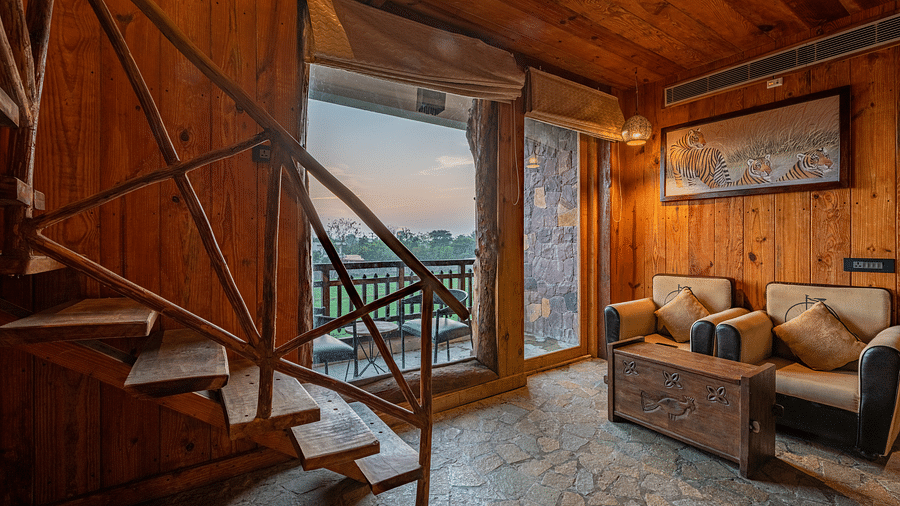 one of the duplex cottages in Ranthambore with a sofa set at one corner 1