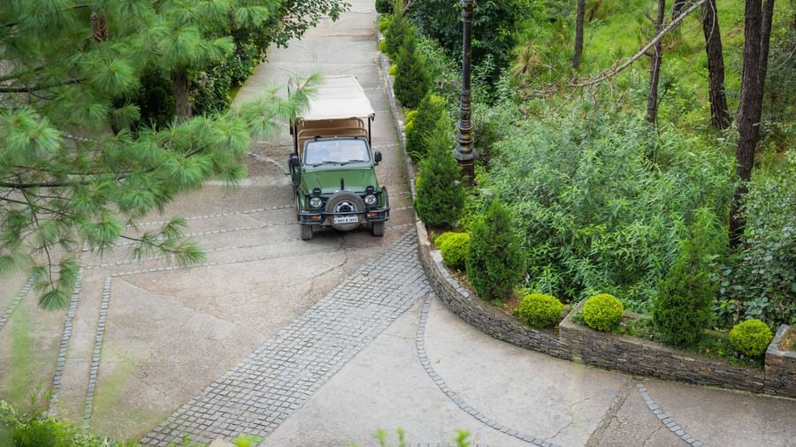 Entrance driveway to The Manor Luxury Apartments, Shimla, lined with pine trees and a jeep approaching the building.