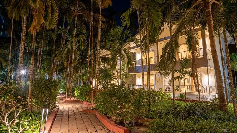 Pathway leading to the rooms section with tall trees next to the pathway - VITS Select Casuarina Diveagar