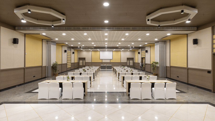  Hive banquet indoor hall arranged for conferences at The Golden Tusk, Jim Corbett