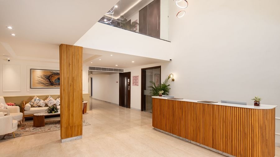 An image of a lobby with seating area at Brij Eternity, Vrindavan
