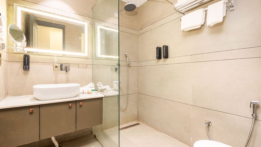 Bathroom of Deluxe Room at DLS Divine River Resort and  Spa featuring shower, sink area, mirror and a toilet.