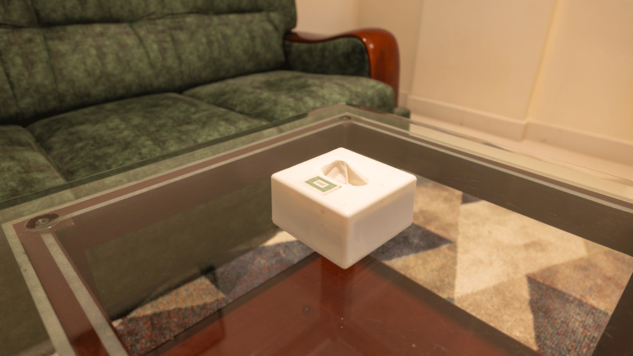 Seating area at DSF Grand Plaza, Tuticorin with a green upholstered sofa, a wood-trimmed armrest, a glass-top coffee table, a DSF-branded tissue box, and a patterned rug.