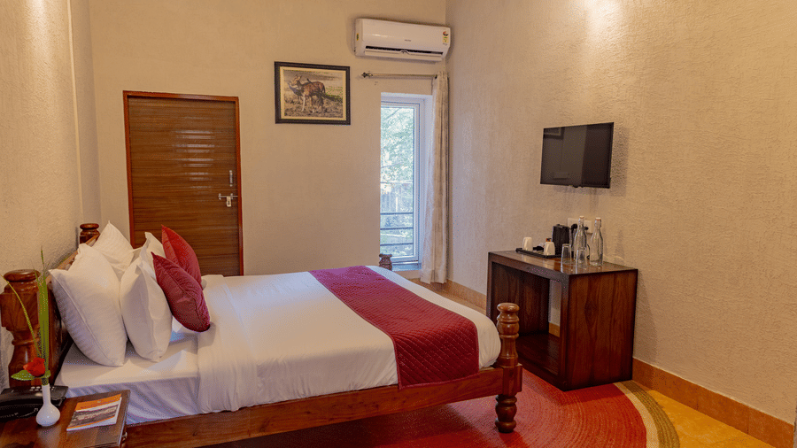 Bedroom interior at Estherea Bagh, Ranthambore, showing a large bed, wall-mounted TV, and an open door.