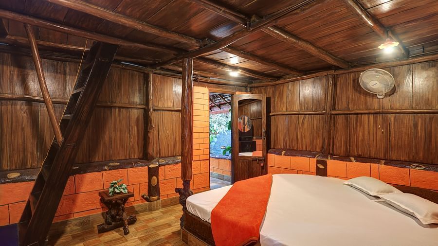 A Family Wooden Cottage with ambient lighting, comfortable bed and wooden walls - Evergreen County