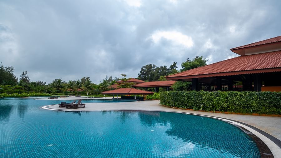 An overview of the swimming pool inside gamyam retreat with trees in the background