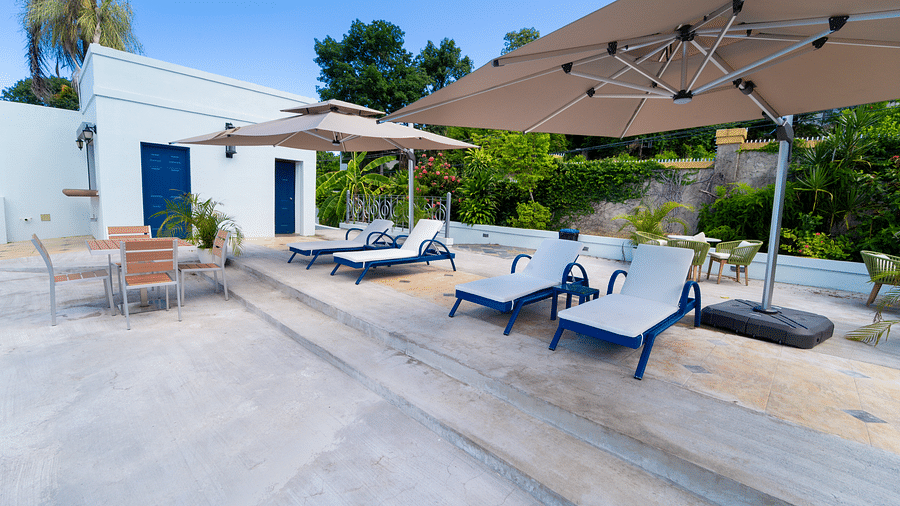 A close up shot of sun loungers under canopies - Hotel 39, Jamaica (Montego Bay)