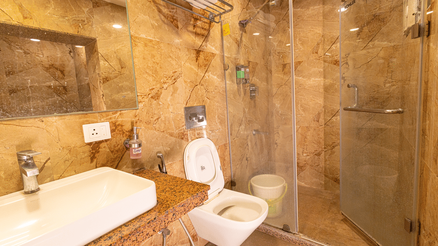 A bathroom with a sink, mirror, toilet, and glass-enclosed shower area at Hotel Seagull Digha.