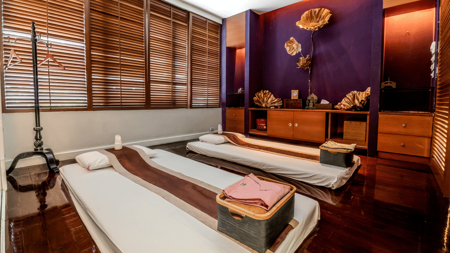 An overview of the massage tables inside Coran Boutique Spa at Night Hotel Bangkok. A spa session is one of the best things to do in Bangkok, Thailand, for couples.