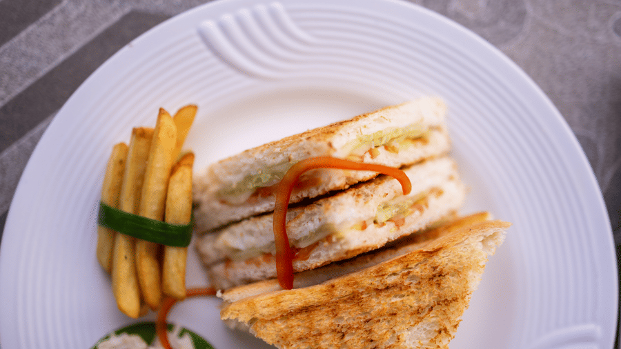 View of a toasted sandwich served with french fries on a white plate at Pravasa Stay Luv Kush, Indore.