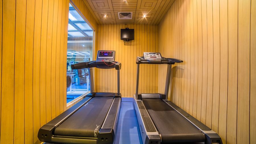 Treadmills placed side by side in the health club at Sitara Luxury Hotel in Hyderabad near Ramoji Film City