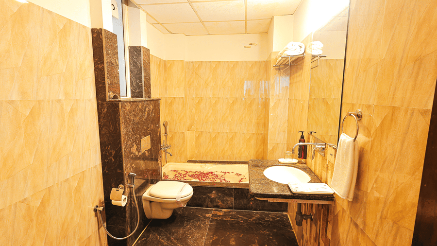 Stylish bathroom with marble finishes, walk-in shower and contemporary fittings at TGI Apple Inn, Ajmer Road, Jaipur.