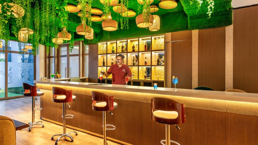 Stylish bar at Lords Inn Sangam, Bhopal featuring a wooden counter, red bar stools, illuminated shelves, and a lush green hanging ceiling decor.