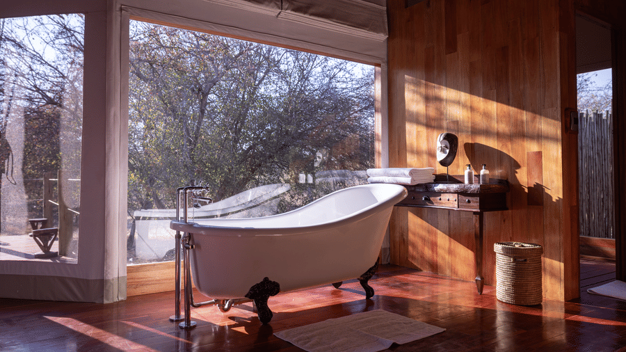 Freestanding bathtub with floor-to-ceiling bush views at Evolve Back Kalahari