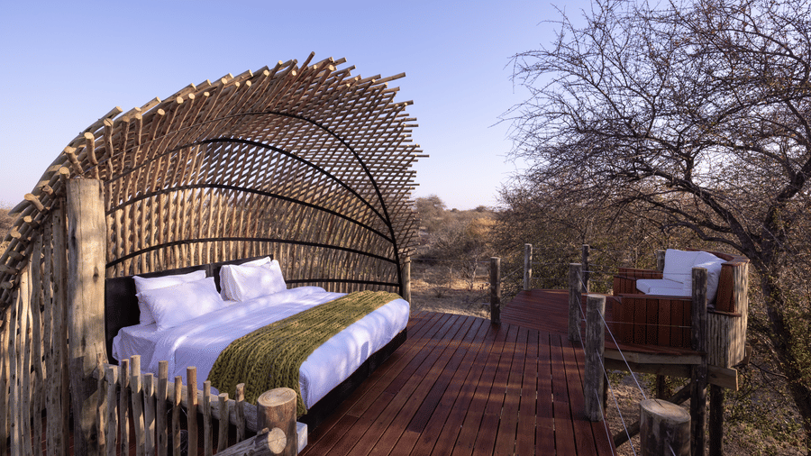 Unique woven canopy starbed for sleeping under the Kalahari sky at Evolve Back resort