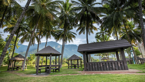 A picturesque view of huts with thatched roofs, surrounded by coconut trees and mountains in the background - Black Thunder, Coimbatore