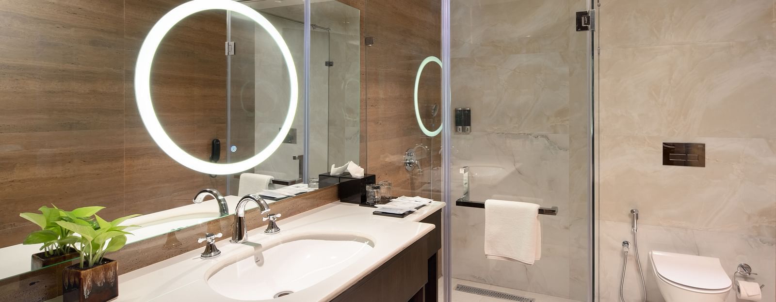 An image of a bathroom with mirror on the wall, ring light on the cabinet, shower screen and shower faucet -  Brij Eternity, Vrindavan