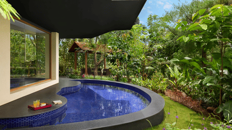 A curved plunge pool outside a luxury villa room, nestled within a lush, green tropical forest garden under a bright blue sky.