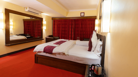 A bedroom with a king size bed, an armchair, a mirror, an A/C, and red carpeting at Hotel Seagull Digha.