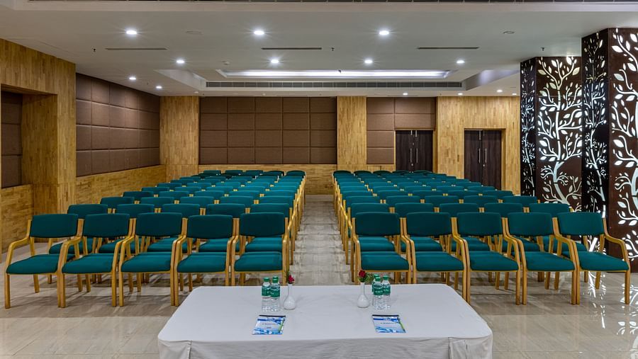 green seats arranged in a theatre seating style at one of the banquet halls in Ranthambore 1