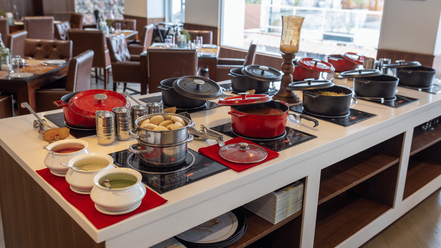 A buffet setup with dishes, containers, and serving items arranged on a counter at Indraprastha Resort & Spa, McLeod Ganj.