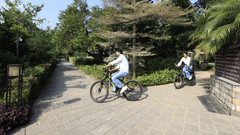 Two people riding bicycles on a paved path outdoors with trees and greenery at The Golden Tusk, Jim Corbett