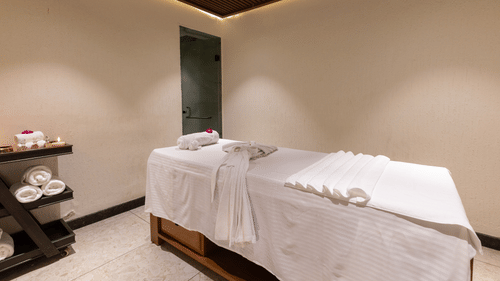 A single, dimly lit spa treatment room with one massage table at The Golden Tusk, Jim Corbett