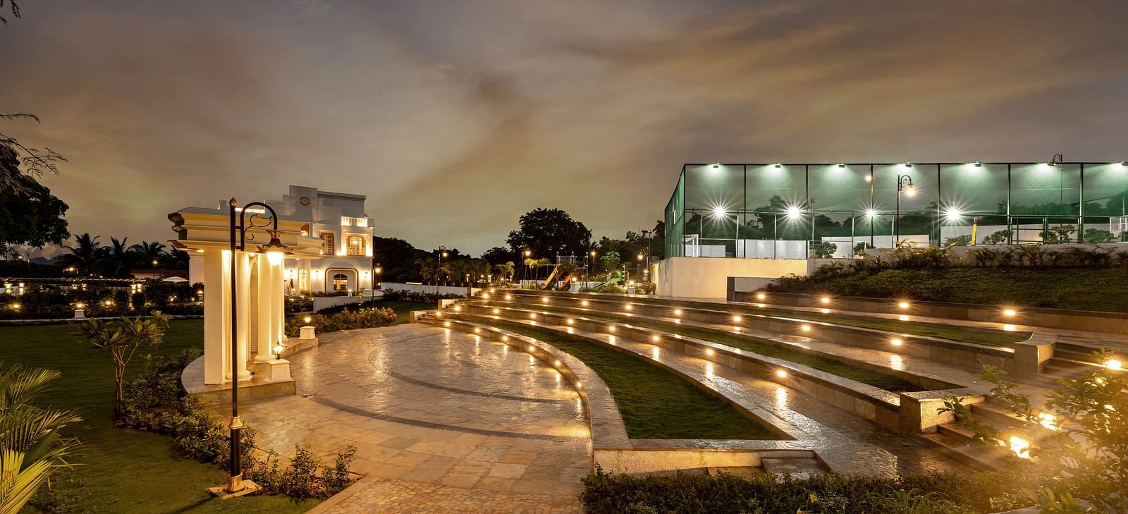 The Amphitheatre at Imperial Goa taken during the night with the bright exterior lights illuminating the area.