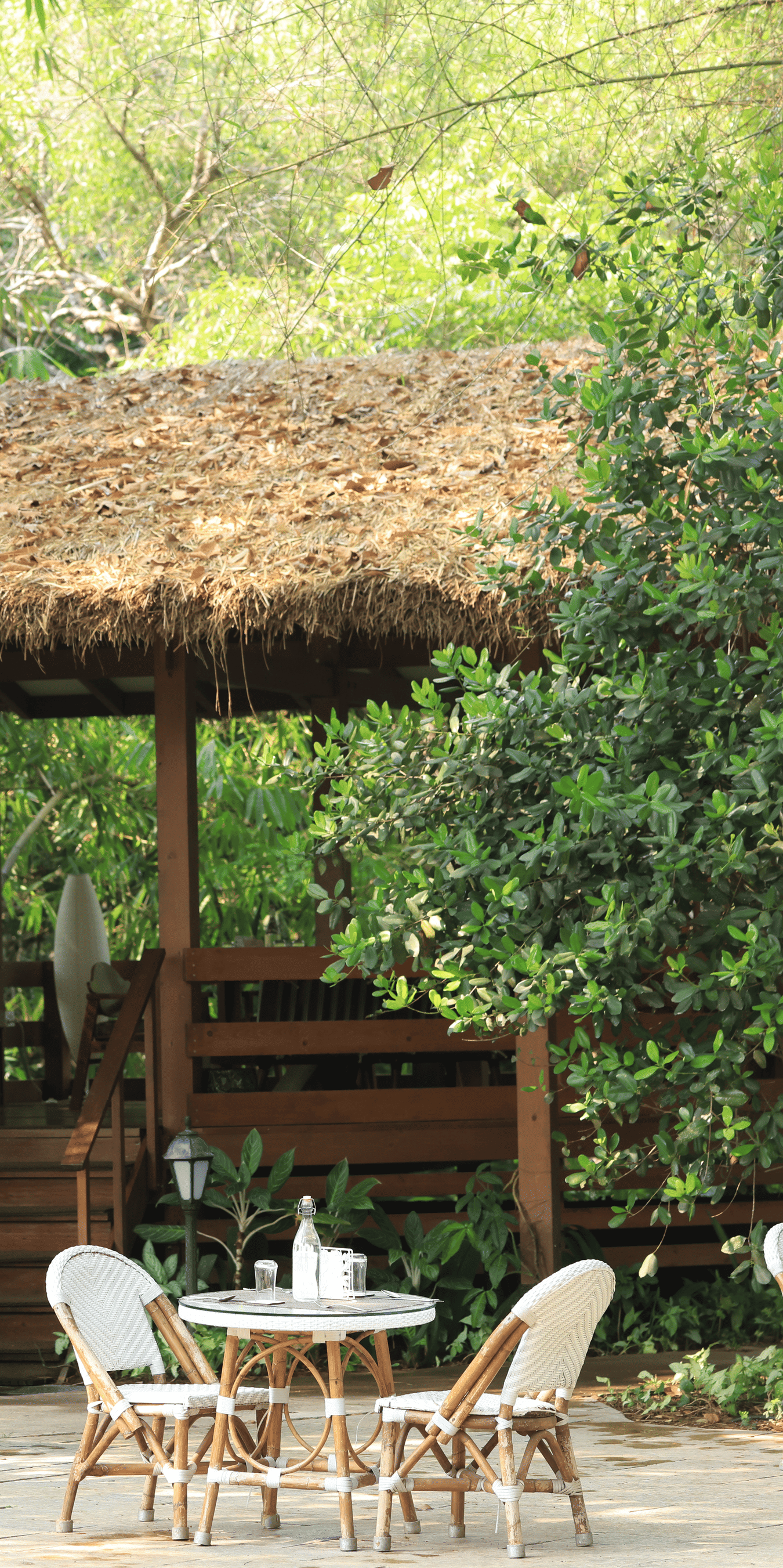 Rustic thatched gazebo with seating amid tropical foliage and garden plants at Amanvana Spa Resort Coorg.
