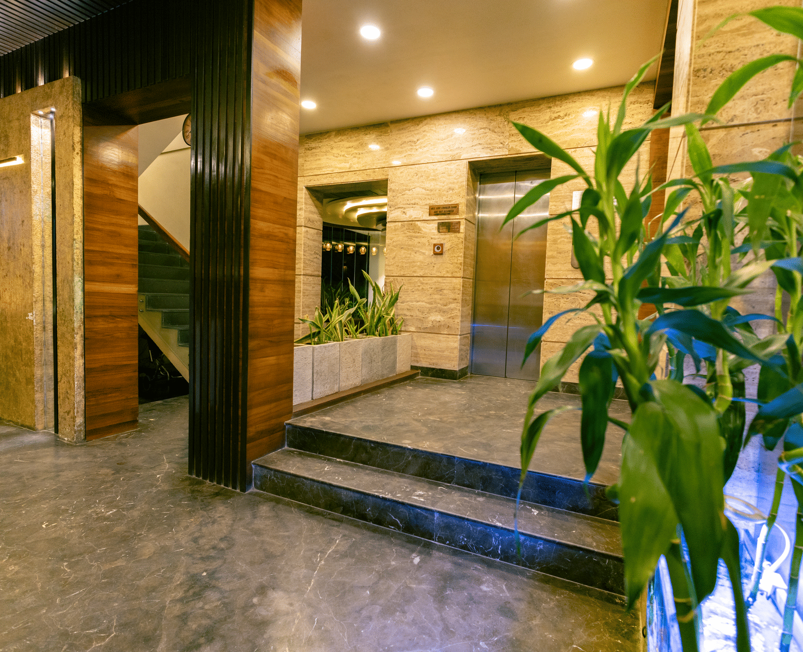 A corridor area with an elevator, potted plants, tiled walls, stairs, and ceiling lights at Hotel Seagull Digha.