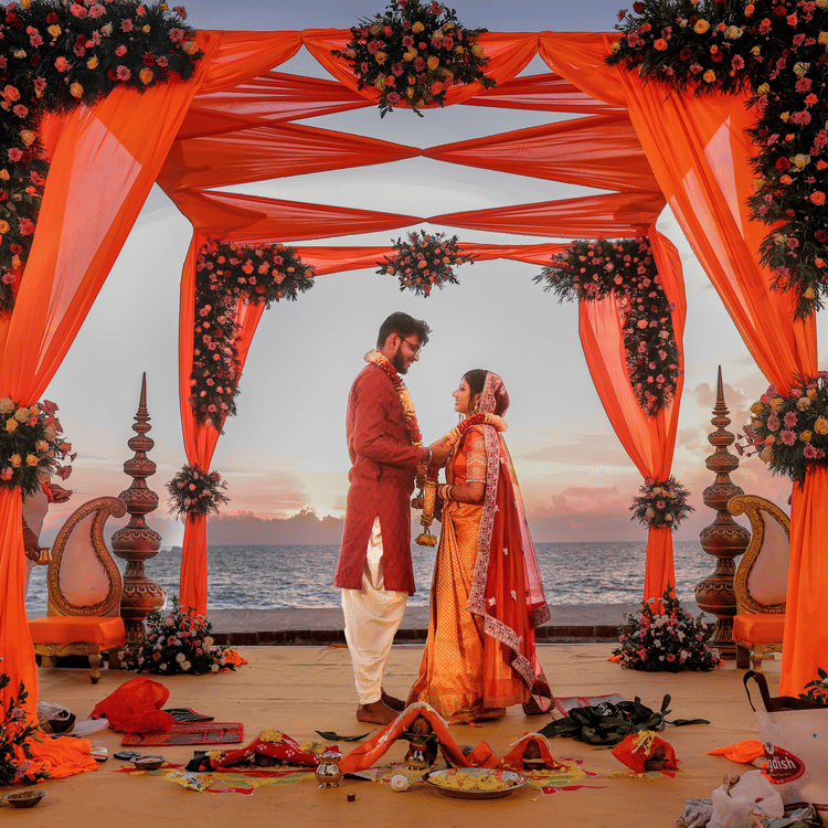 A couple standing together in the wedding mandap by the beach at sunset, with a beautifully decorated floral design as they exchange vows at Uday Samudra Leisure Beach Hotel