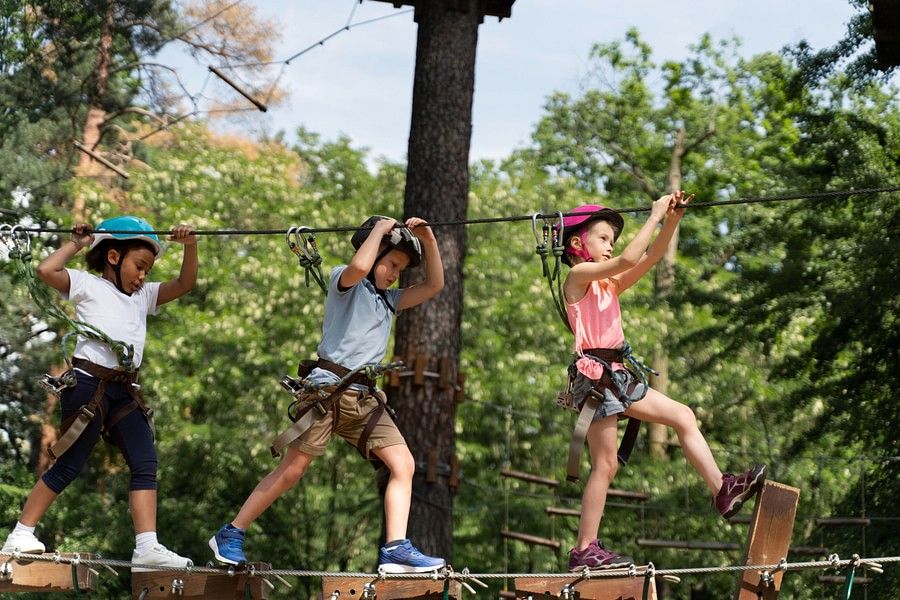 Kids walking on the zipline and having fun