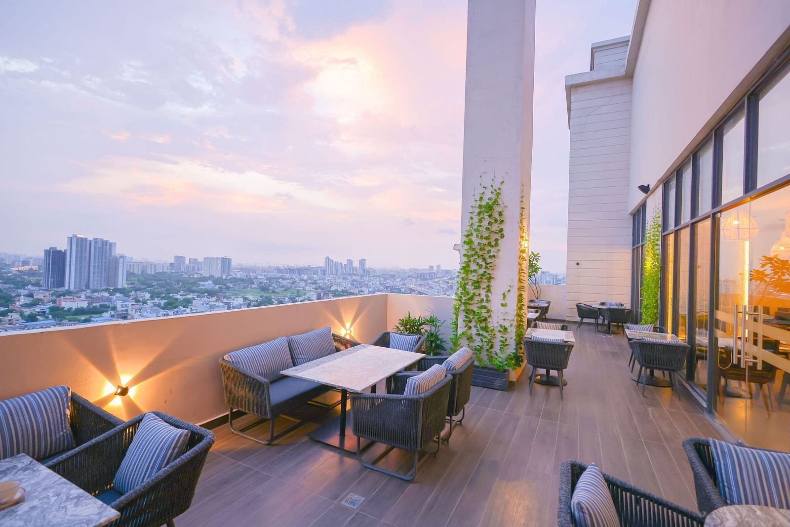 An overview of the al-fresco seating arrangement at SKY Club - Rhythm Gurugram