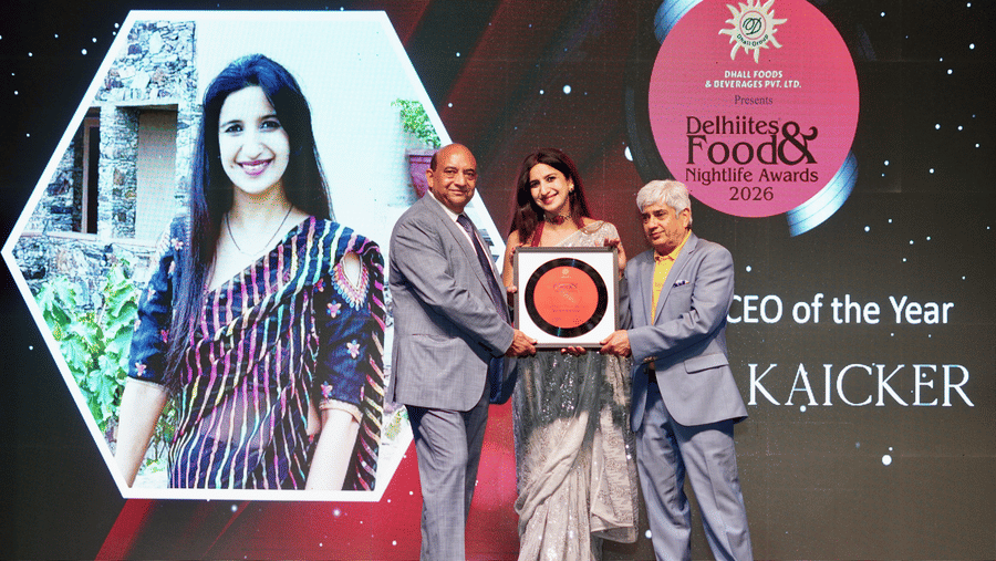 The CEO of Neemrana Hotels, Sonavi Kaicker, receiving the 'CEO of the Year' award at the 2026 Delhiites Food & Nightlife Awards.