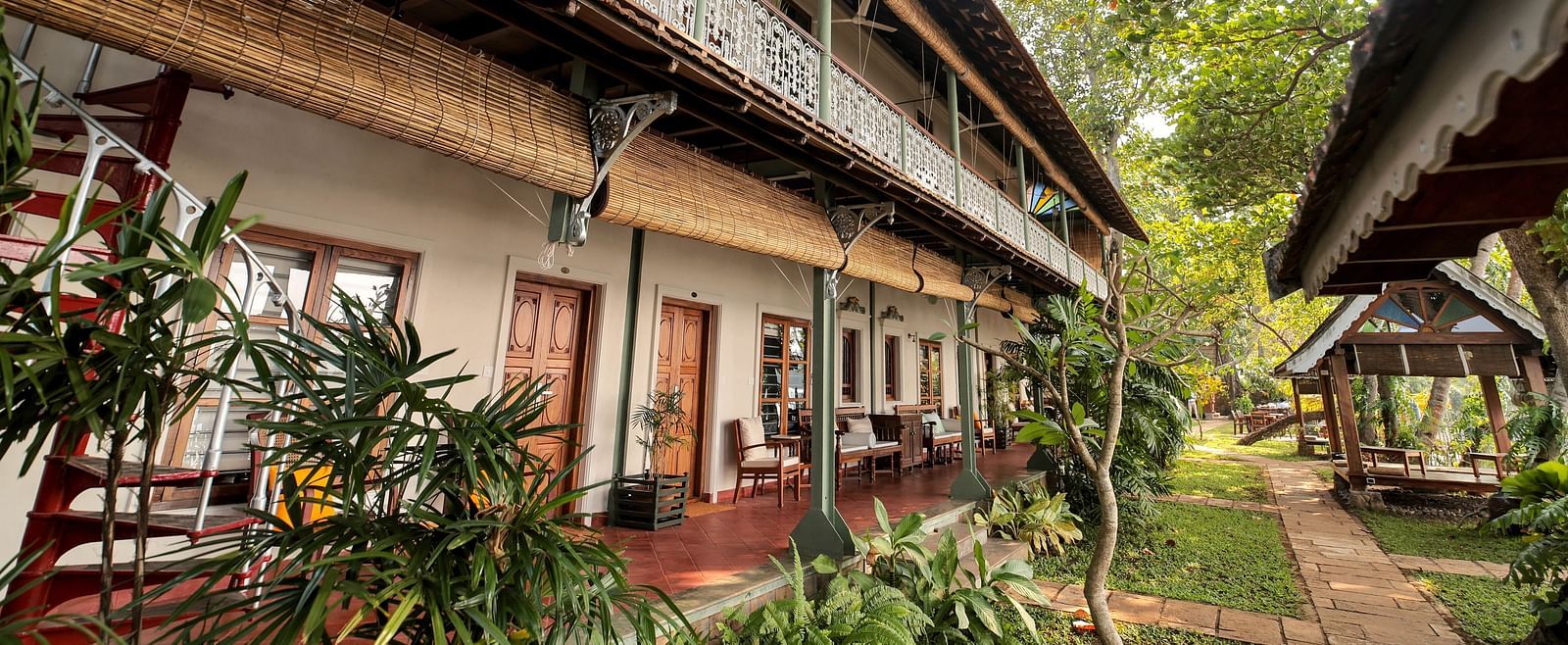 Exterior view of accommodations at Samiira on Ashtamudi Lake.