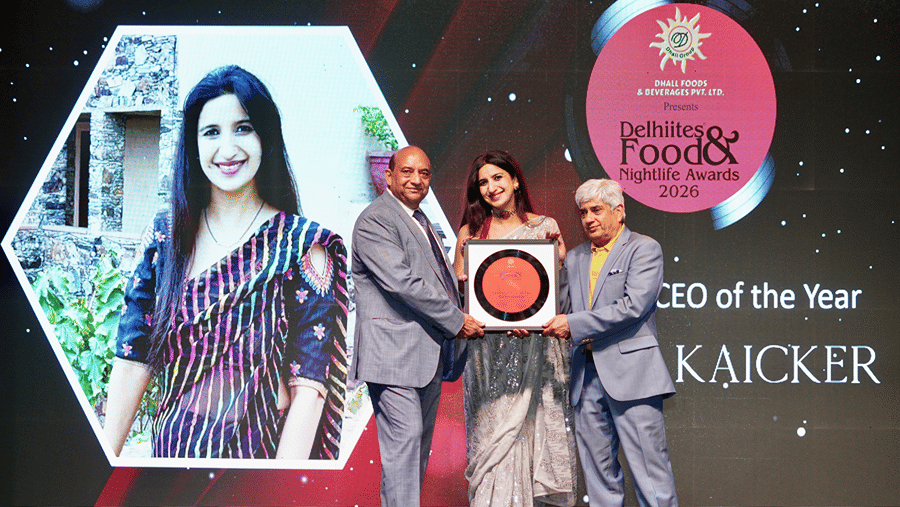 The CEO of Neemrana Hotels, Sonavi Kaicker, receiving the 'CEO of the Year' award at the 2026 Delhiites Food & Nightlife Awards.