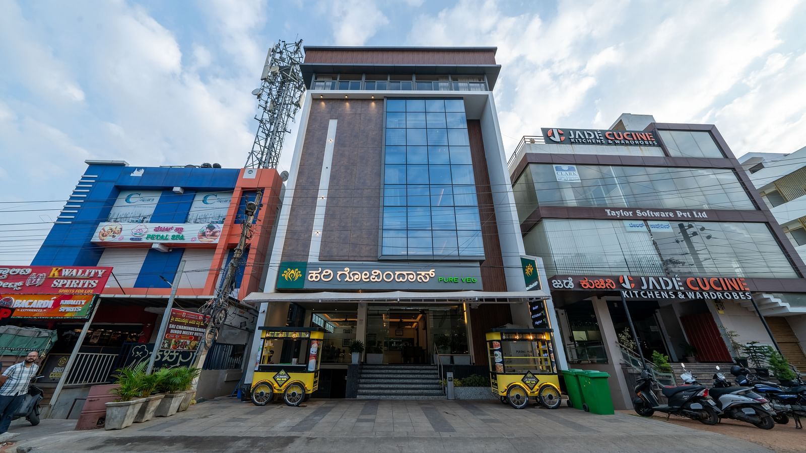 Facade view of Hari Govinda's Express against cloudy sky