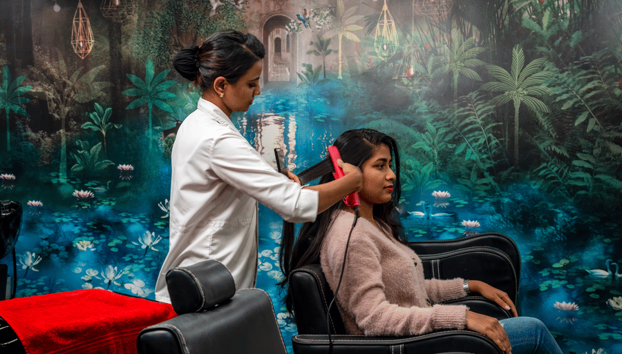a stylist working on the hair of a customer sitting on the chair - Caravela Beach Resort Goa