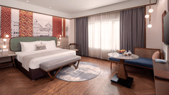 A luxurious hotel bedroom with a comfortable bed and a view of the outdoors.