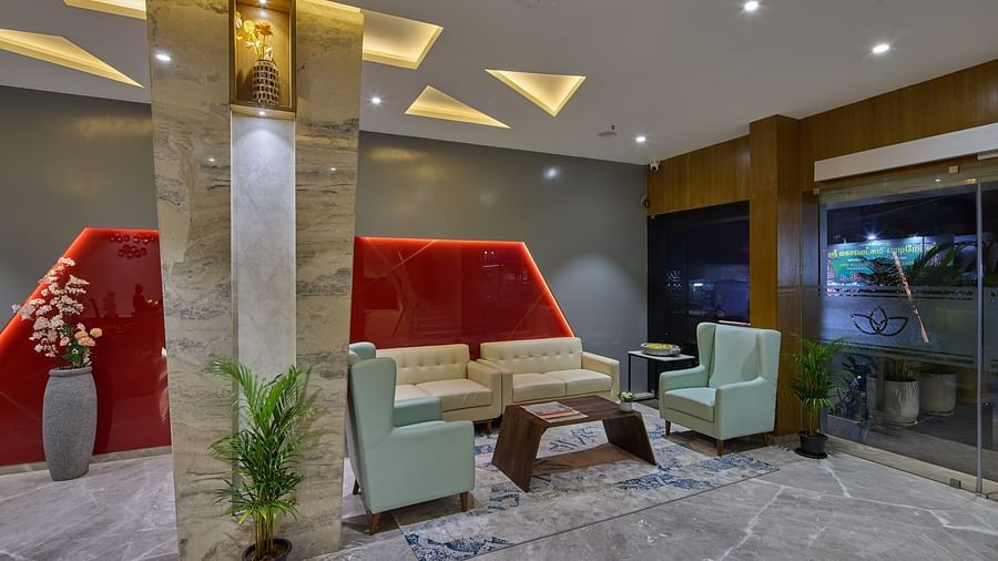 Close up shot of the seating arrangements in the lobby at Grand Continent - A Sarovar Premiere Affiliate Hotel, Hosur