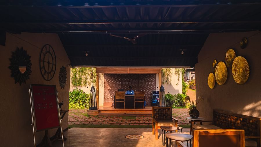 The sitting area of the reception of our resort in Mandrem 