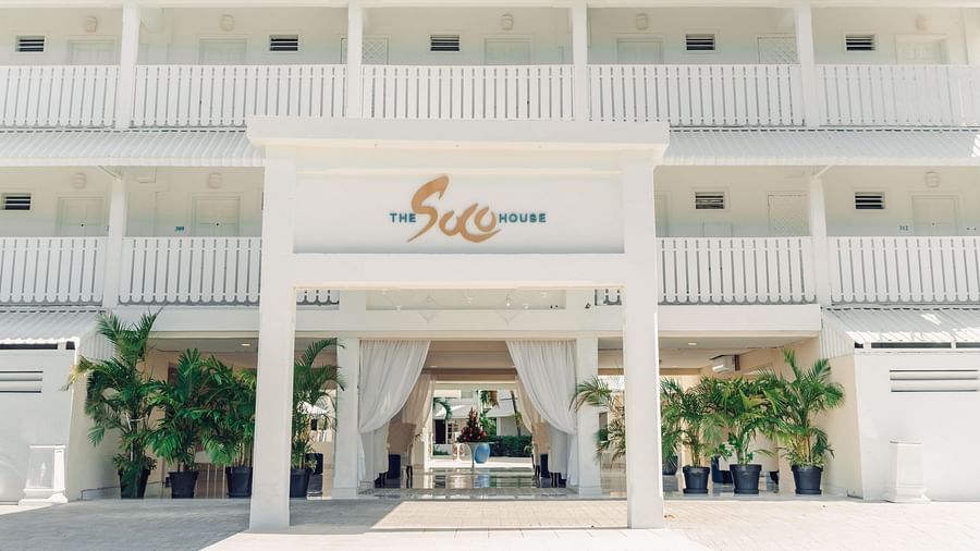 Soco House - the exterior white facade of the hotel in St Lucia