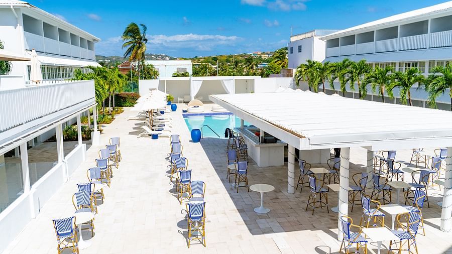 Soco House - the aerial view of the outside seating space of the restaurant, the pool and the resort in St. Lucia