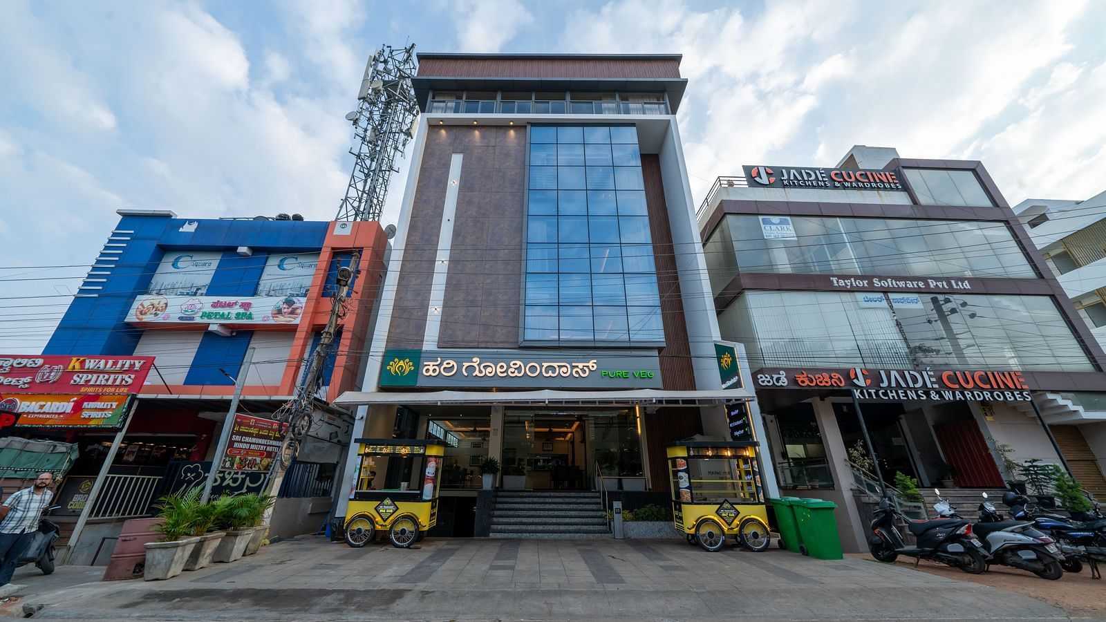Facade view of Hari Govinda's Express against cloudy sky