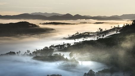 An aerial view of the mountains in Vietnam that is covered by fog.
