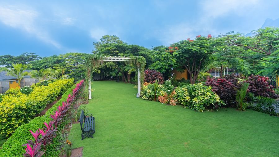 image of a beautiful lawn area with several flower plants and trees lined in the garden - Darza Resorts